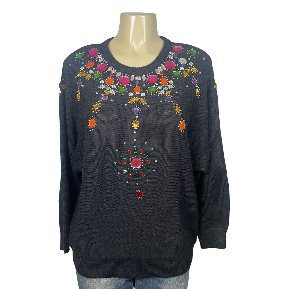 Vintage Western Connection Sweater Womens Large‎ Black Jeweled Rhinestone 80s